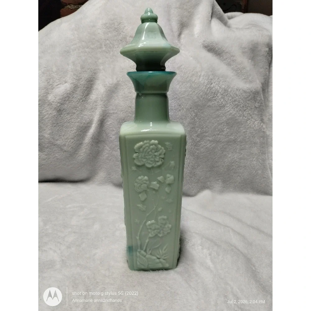 Vintage‎ Blue Green Slag Glass Liquor Bottle Decanter Floral Embossed w/ Stopper